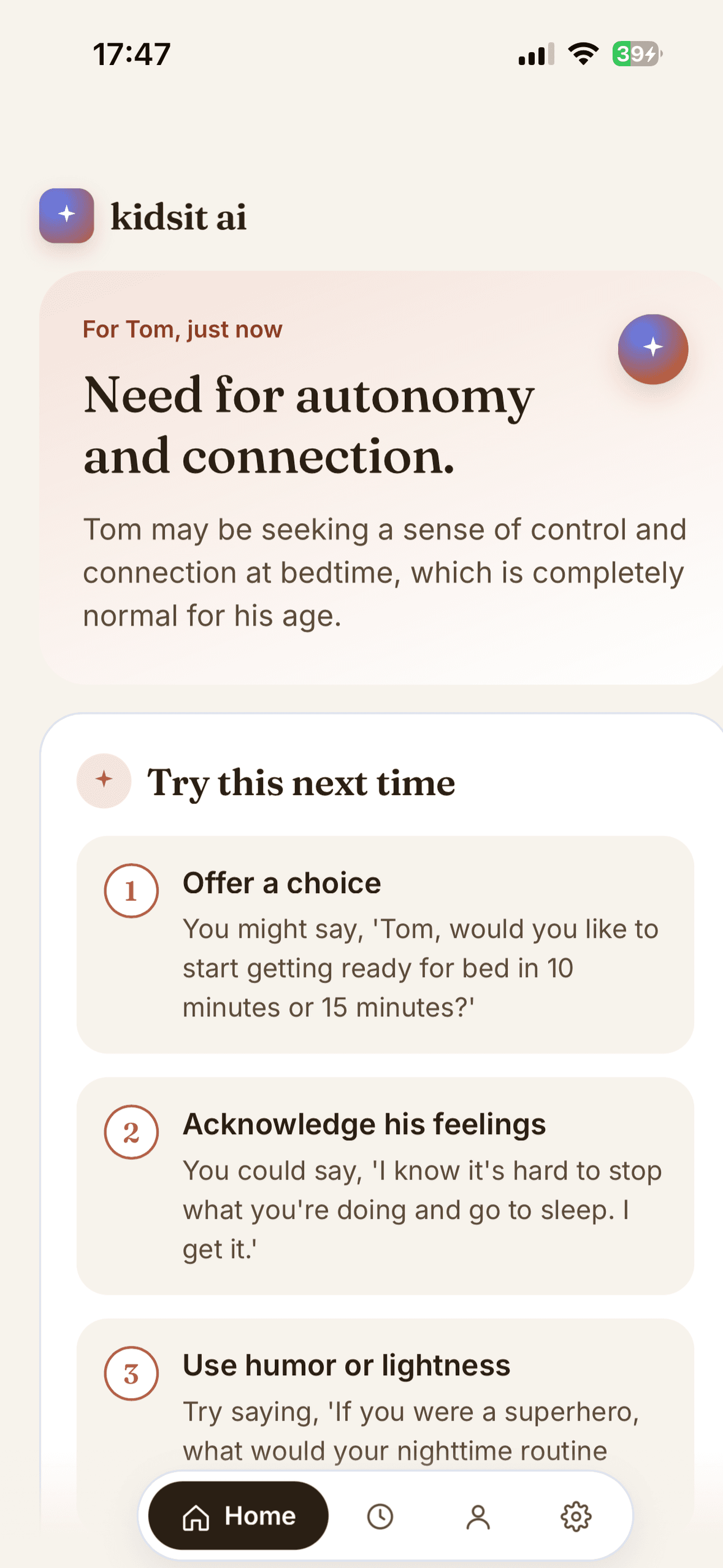 Kidsit AI response screen with structured guidance: what happened, why, and what to try